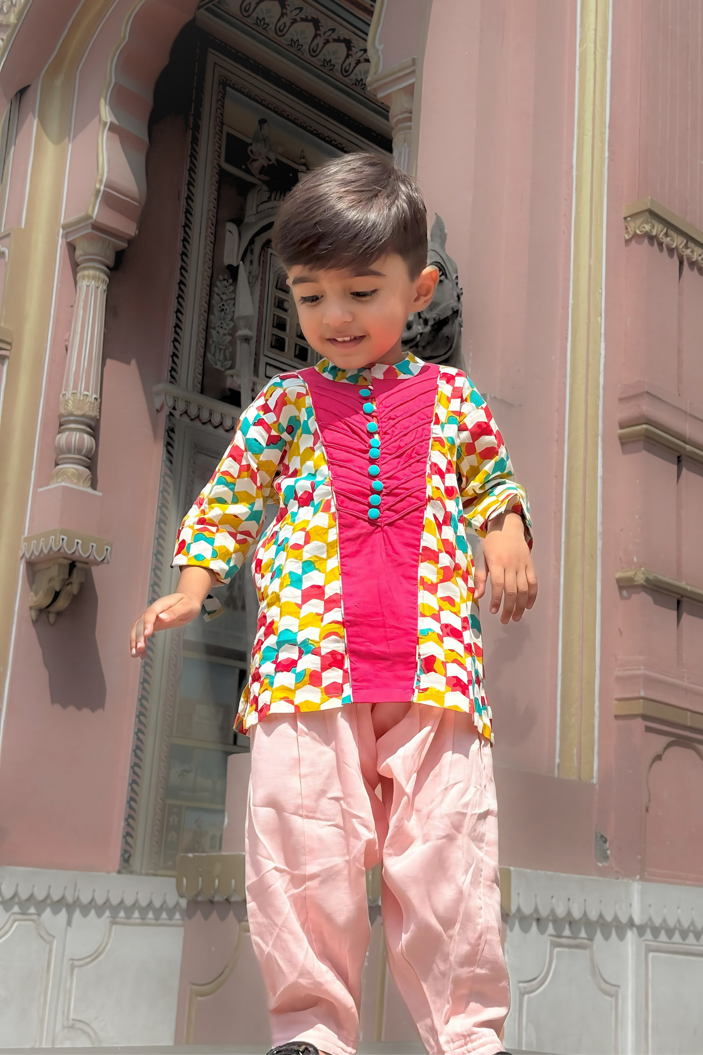 Boys Afghani Color Block Short Kurta with Salwaar Ethnic Clothing Set - Pink