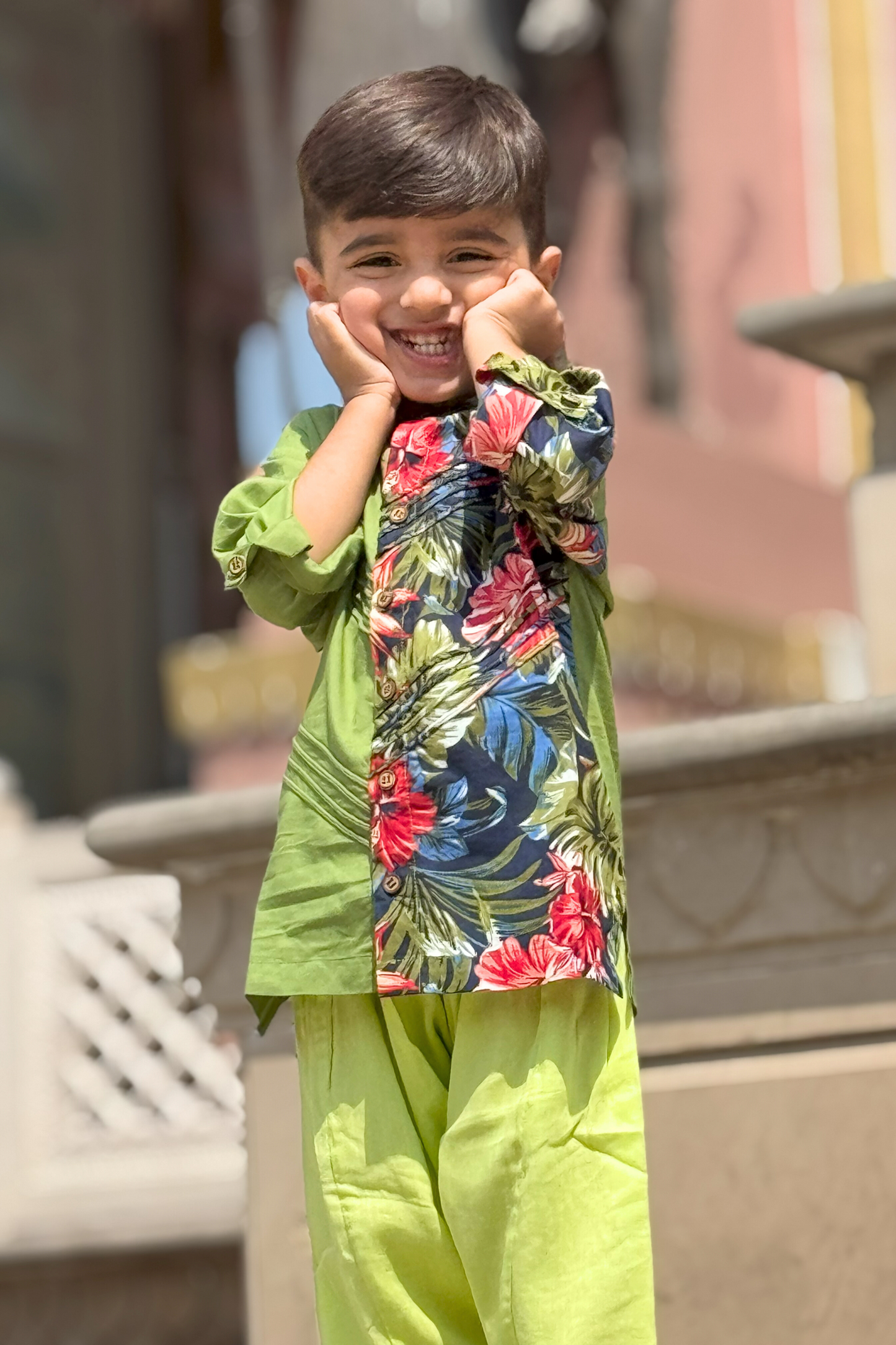 Boys Afghani Color Block Short Kurta with Salwaar Ethnic Clothing Set - Green