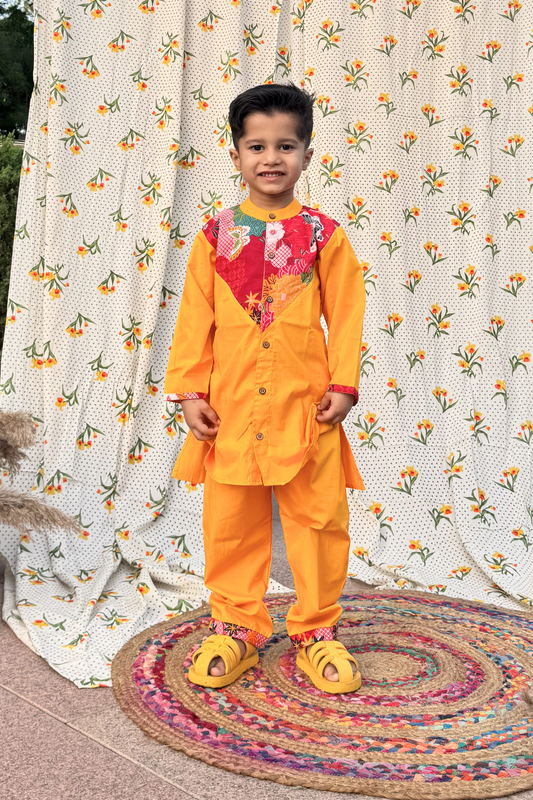 Boys Imarti Color block Kurta and pants set - Yellow