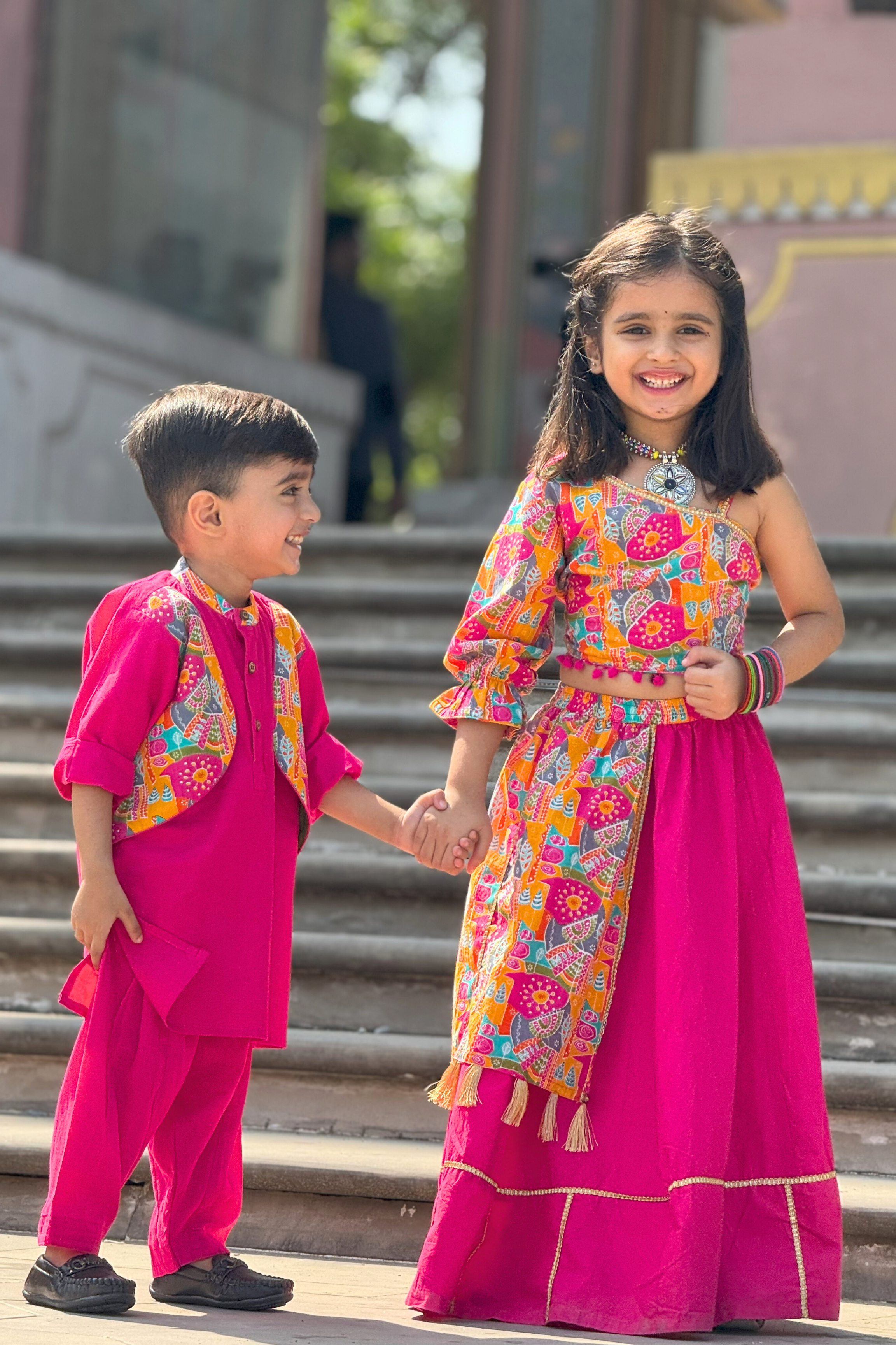 Boys Dholna Kurta Pant & Jacket 3 piece ethnic clothing set - Pink
