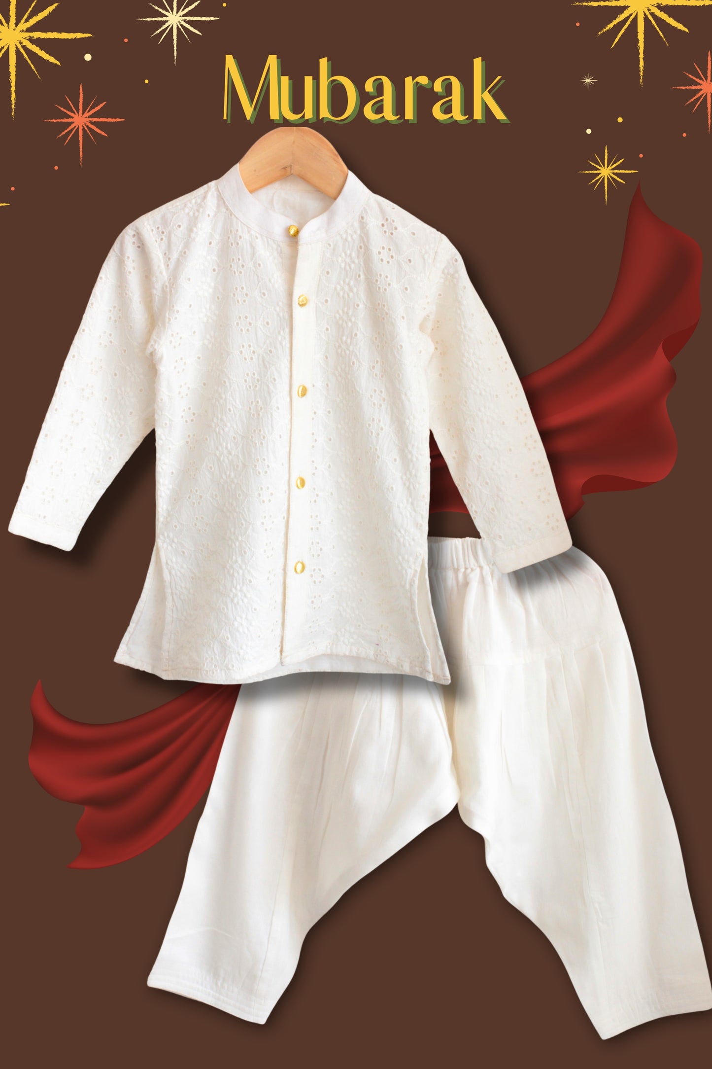 Boys Mubarak Schiffli embroidered Kurta with Salwaar set - Ivory White