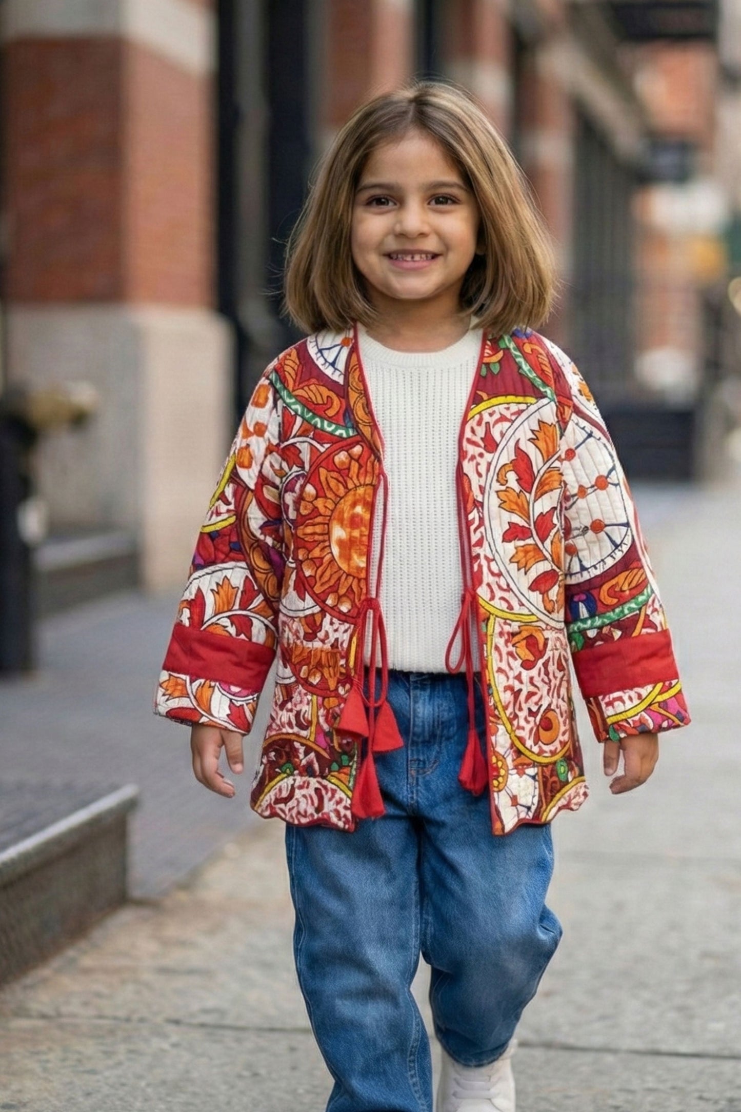 Girls Pure Cotton Printed Quilted Warm Jacket - Red