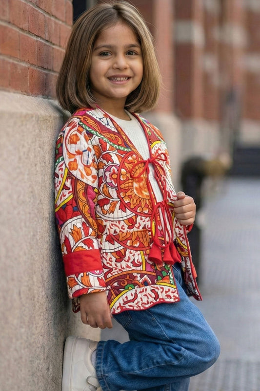 Girls Pure Cotton Printed Quilted Warm Jacket - Red