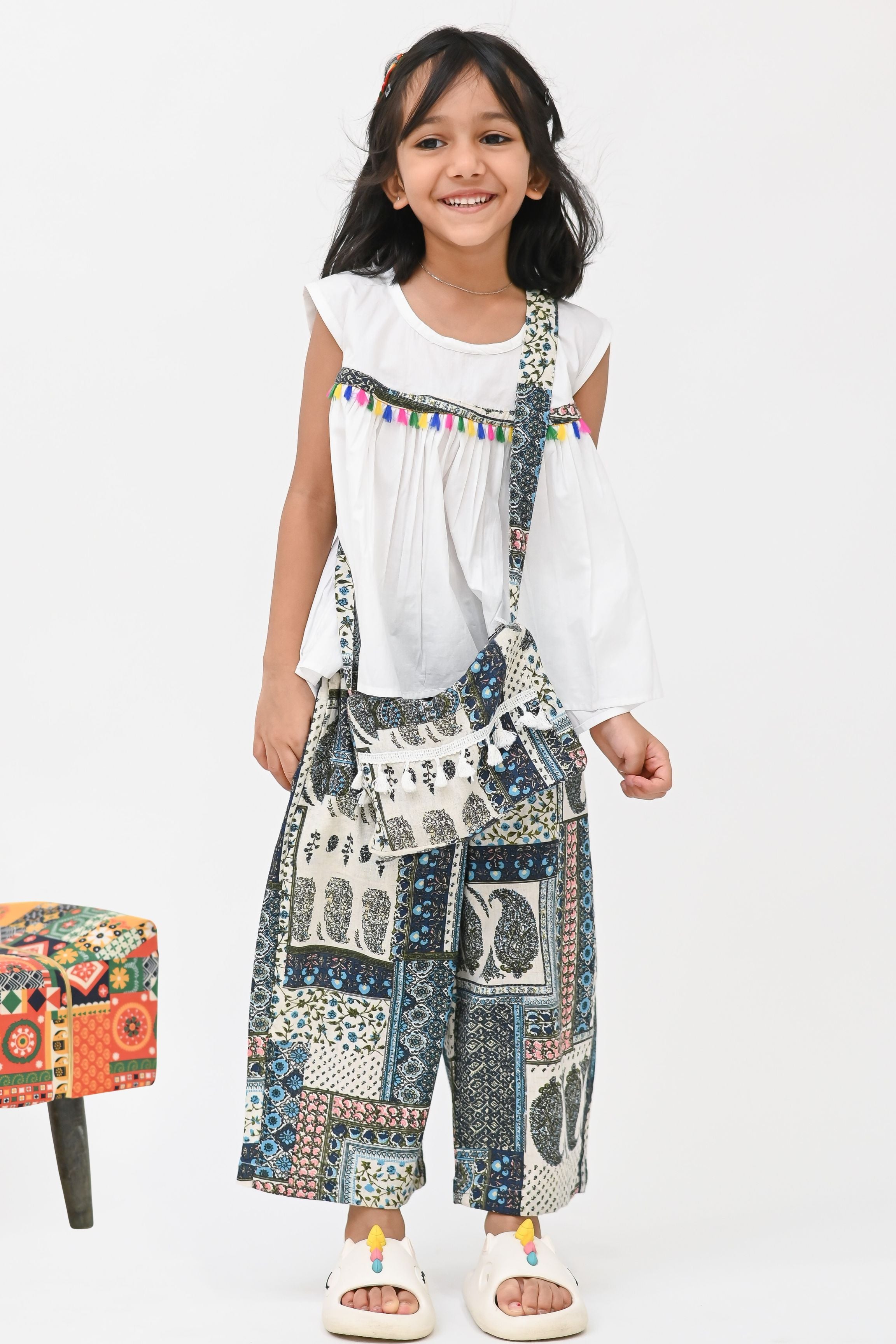 Girls Bohemian Pure Cotton Clothing set - White & Blue