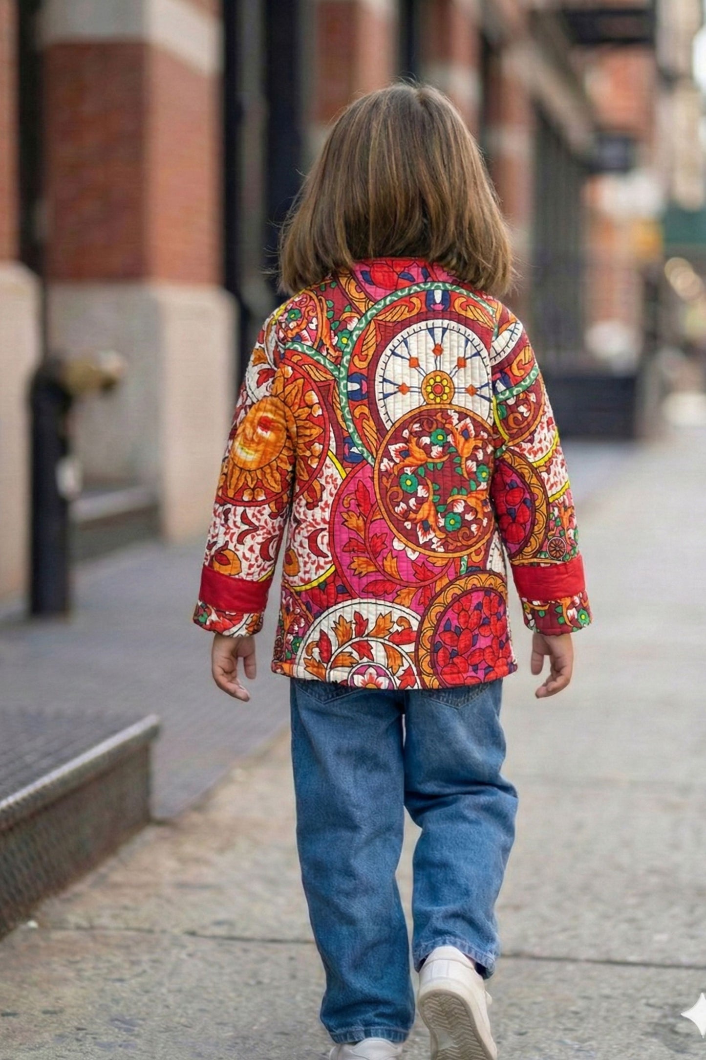 Girls Pure Cotton Printed Quilted Warm Jacket - Red