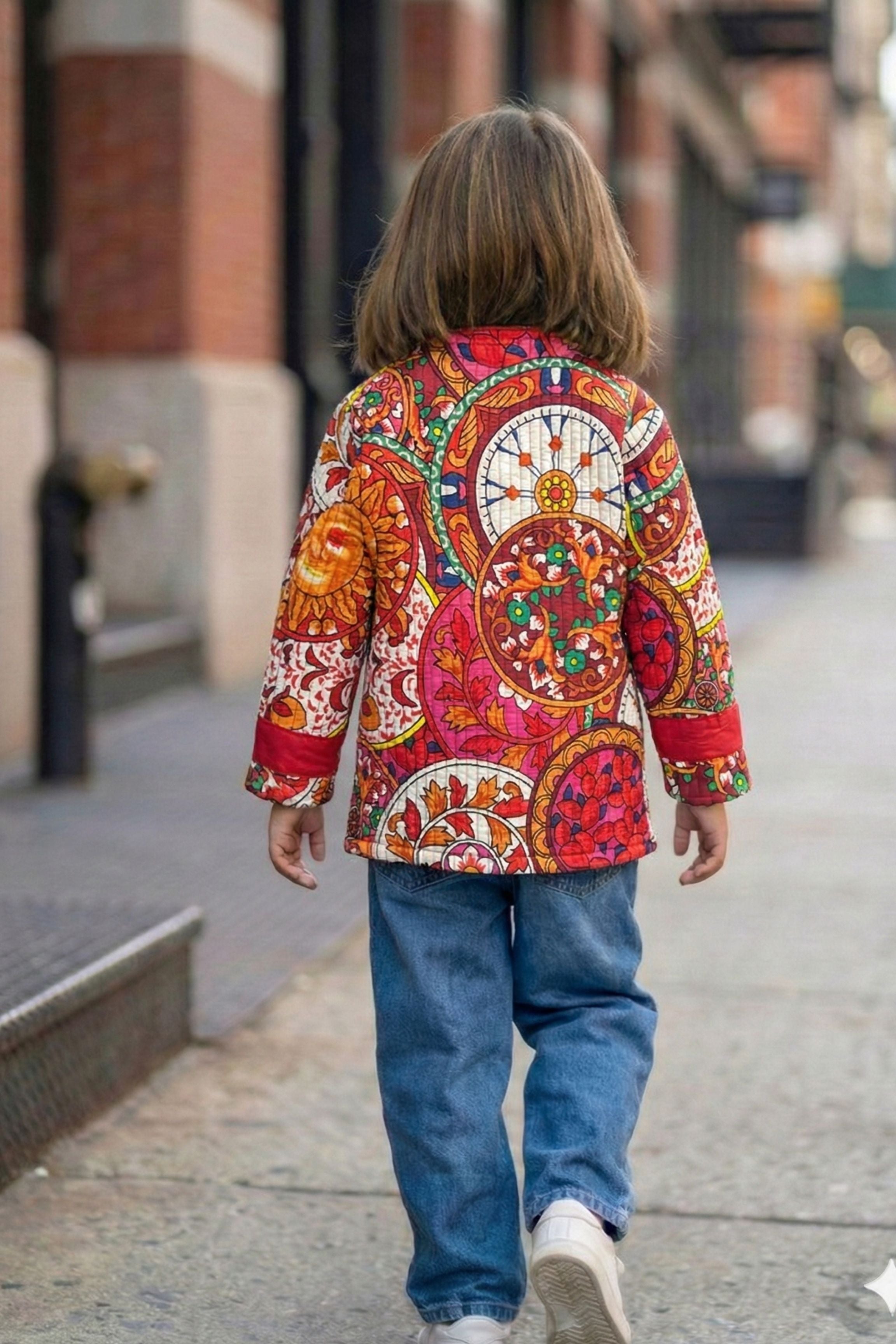 Girls Pure Cotton Printed Quilted Warm Jacket - Red