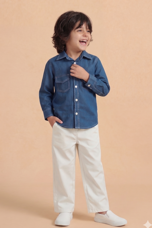 Boys Rebel Pure Cotton Shirt with Korean Pants - Blue & Cream