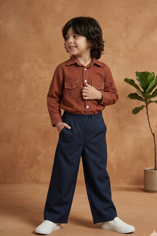 Boys Rebel Pure Cotton Shirt with Korean Pants - Rust & Navy