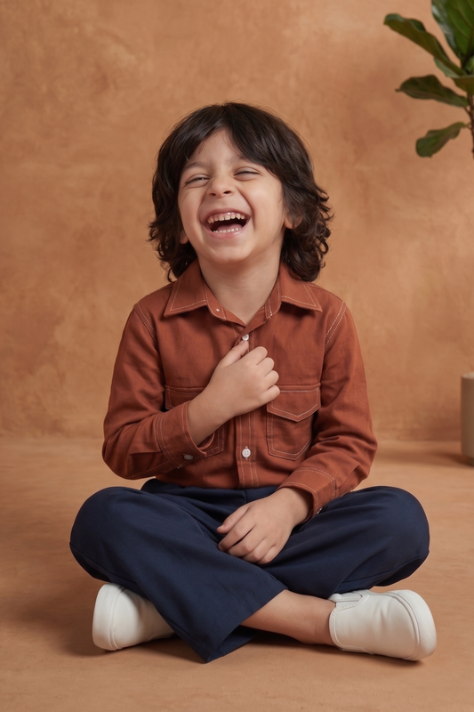 Boys Rebel Pure Cotton Shirt with Korean Pants - Rust & Navy