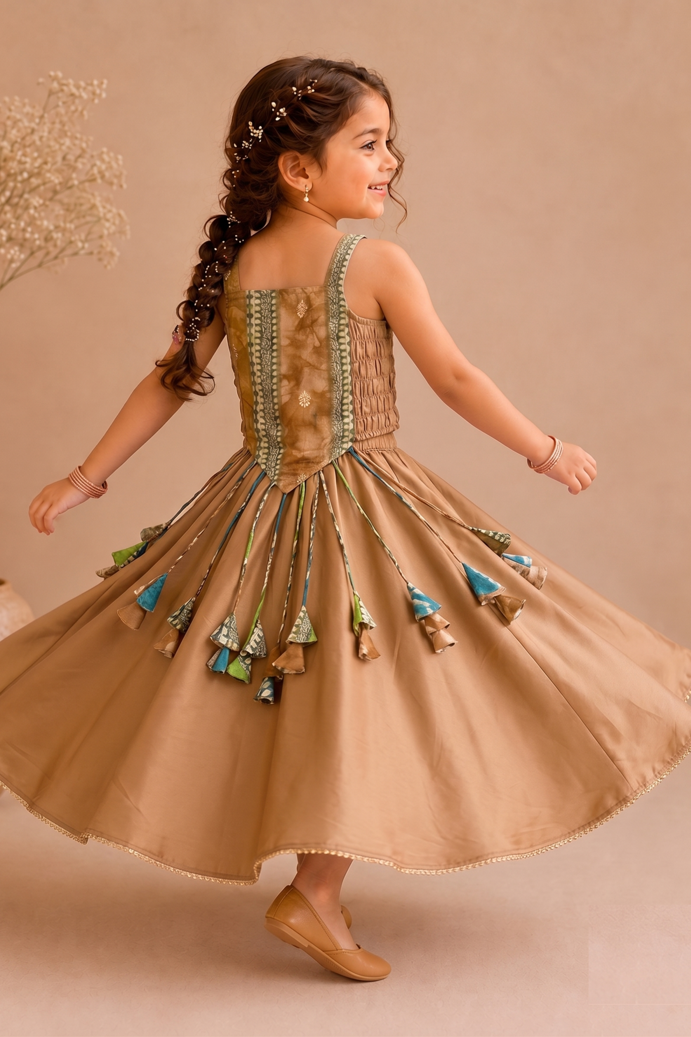 Girls Gulnaar Pure Cotton Crop top with skirt Ethnic Clothing set - Cappuccino