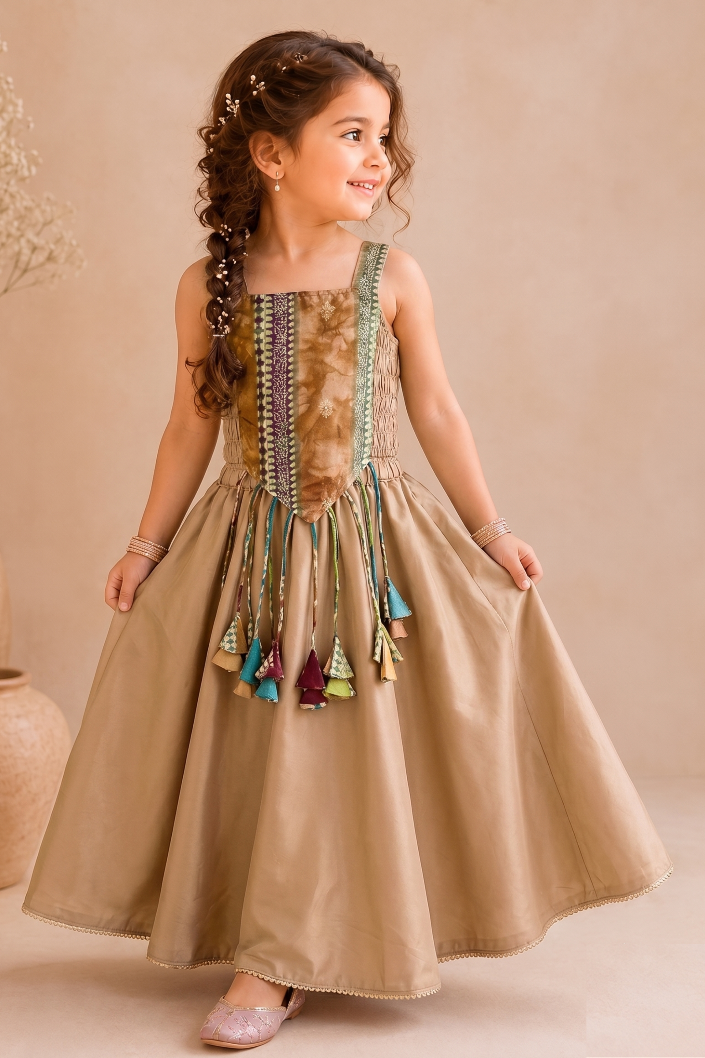 Girls Gulnaar Pure Cotton Crop top with skirt Ethnic Clothing set - Cappuccino