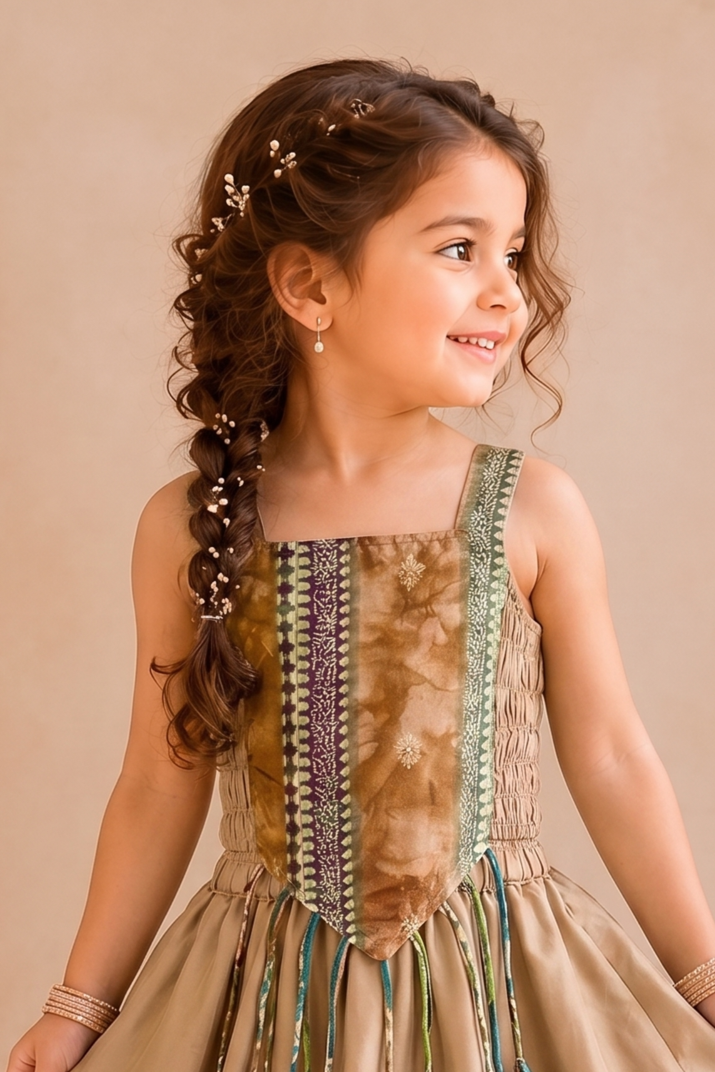 Girls Gulnaar Pure Cotton Crop top with skirt Ethnic Clothing set - Cappuccino
