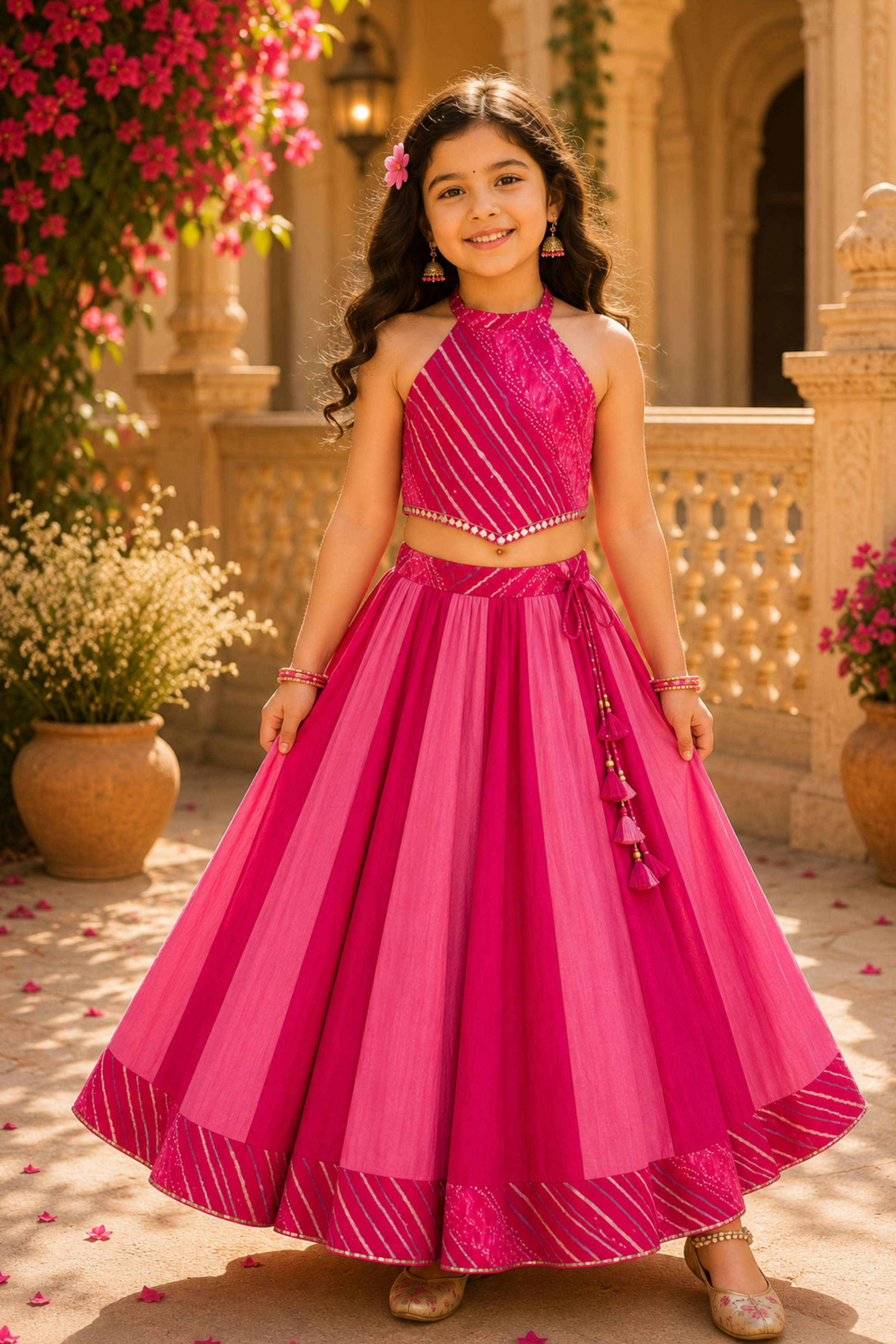 Girls Leheriya Pure Cotton Dual Tone Crop Top with Lehenga ethnic set - Pink