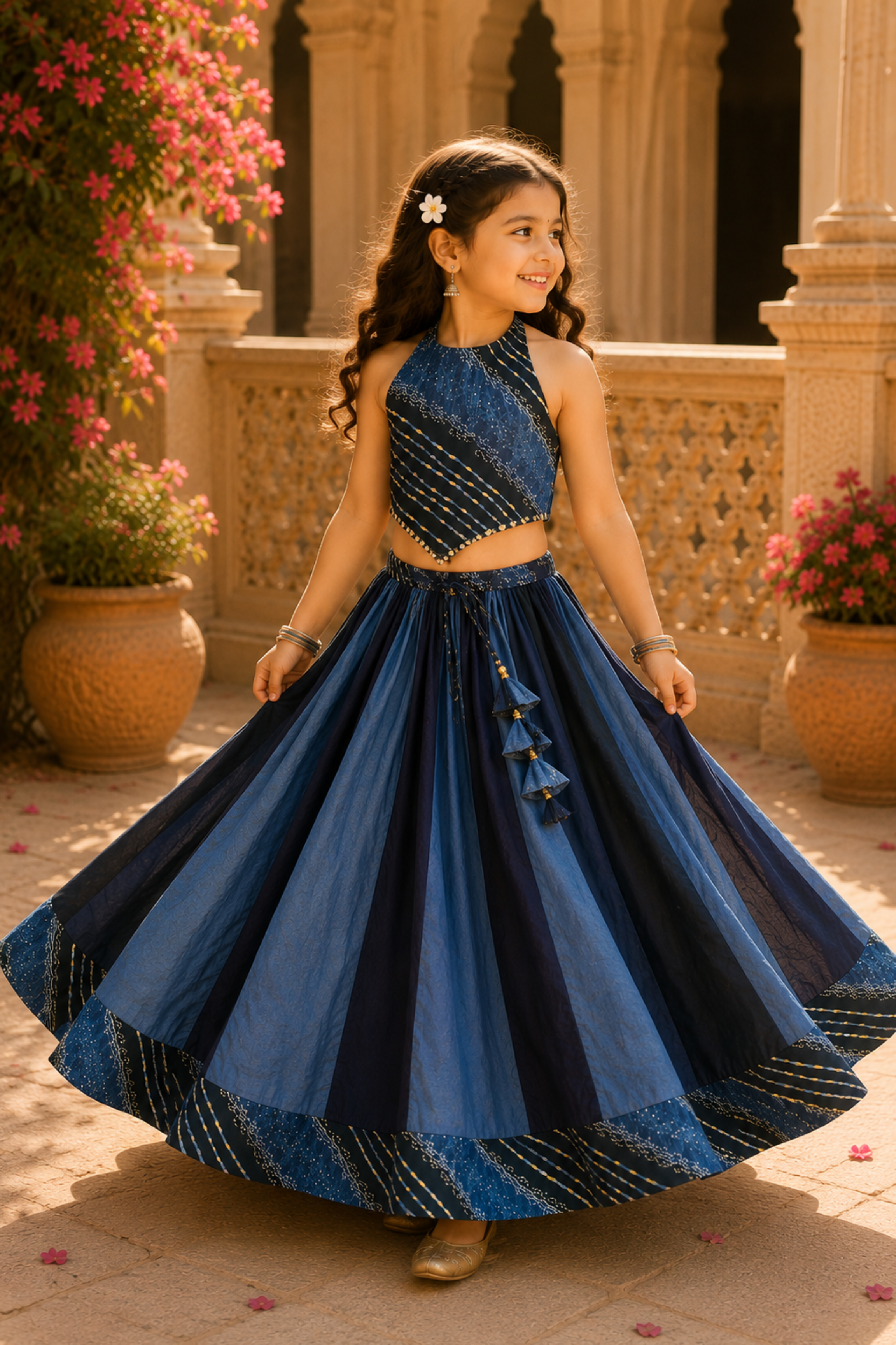Girls Leheriya Pure Cotton Dual Tone Crop Top with Lehenga ethnic set - Blue