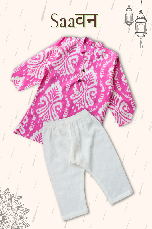 Boys Saavan Pure Cotton Ethnic Clothing set - Pink Ikkat