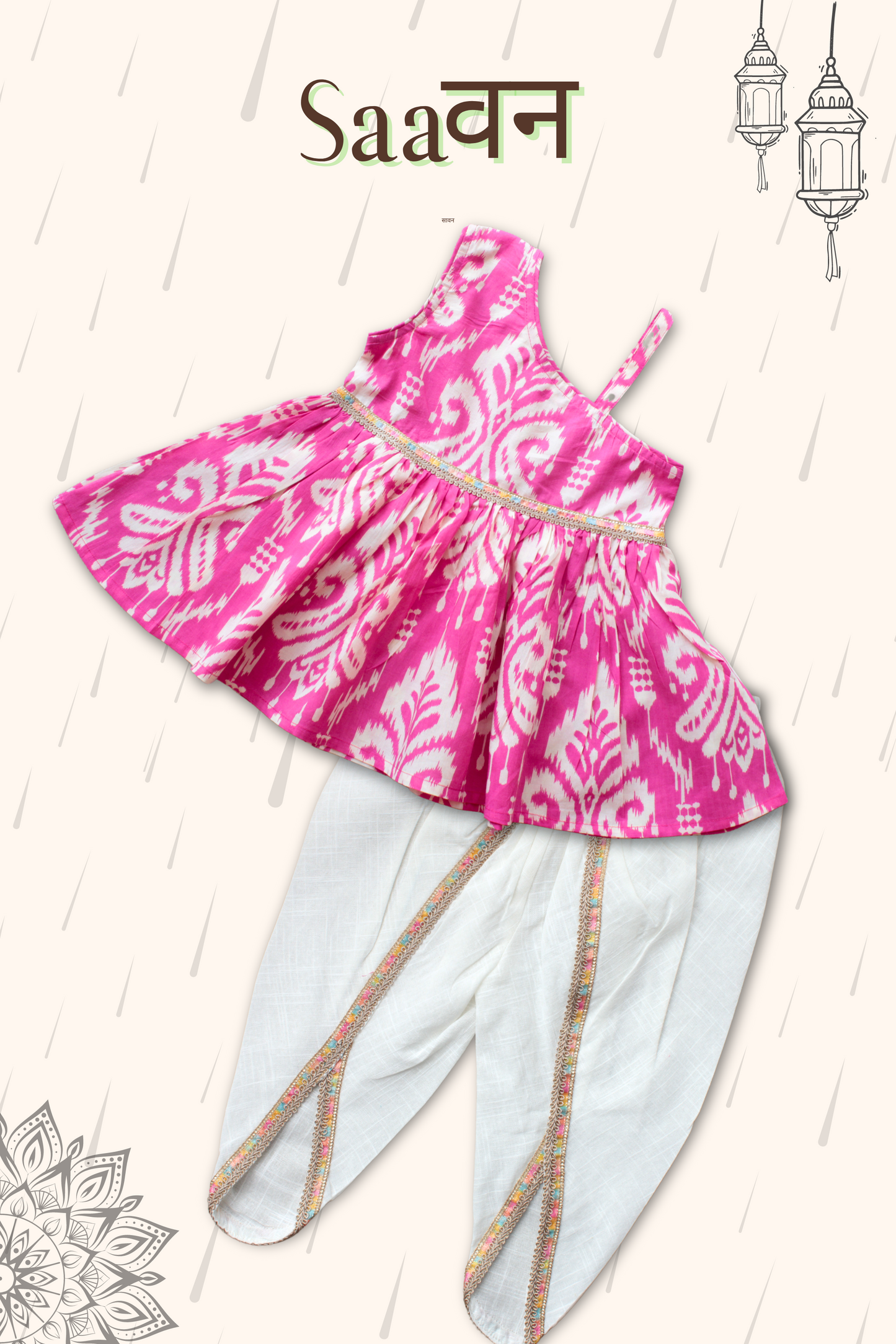 Girls Saavan Pure Cotton Ethnic Clothing set - Pink Ikkat print