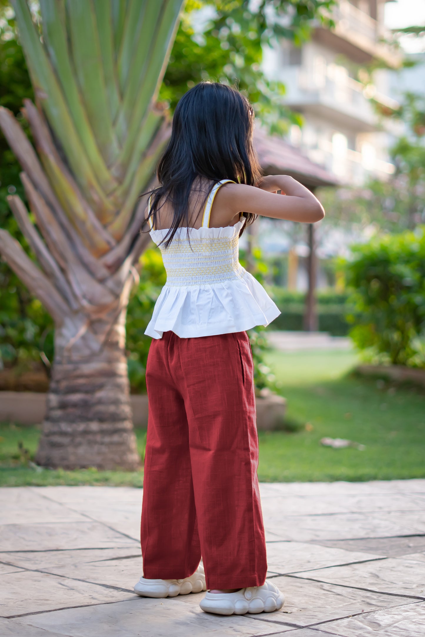 Girls Hawai Smocked Crop Top & Pleated Pants - Maroon