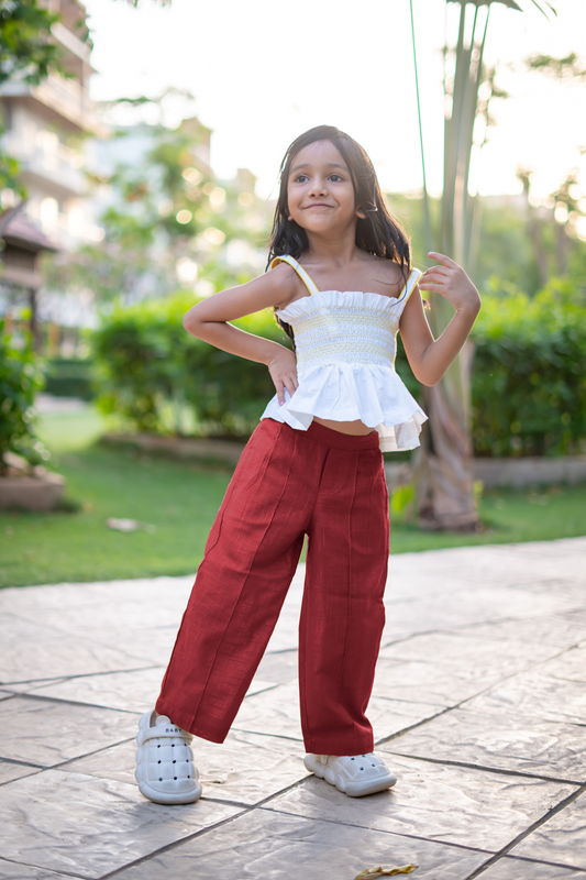 Girls Hawai Smocked Crop Top & Pleated Pants - Maroon