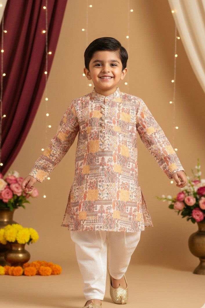 Boys Sangeet Printed Schiffli Kurta with Salwar ethnic clothing set - Yellow