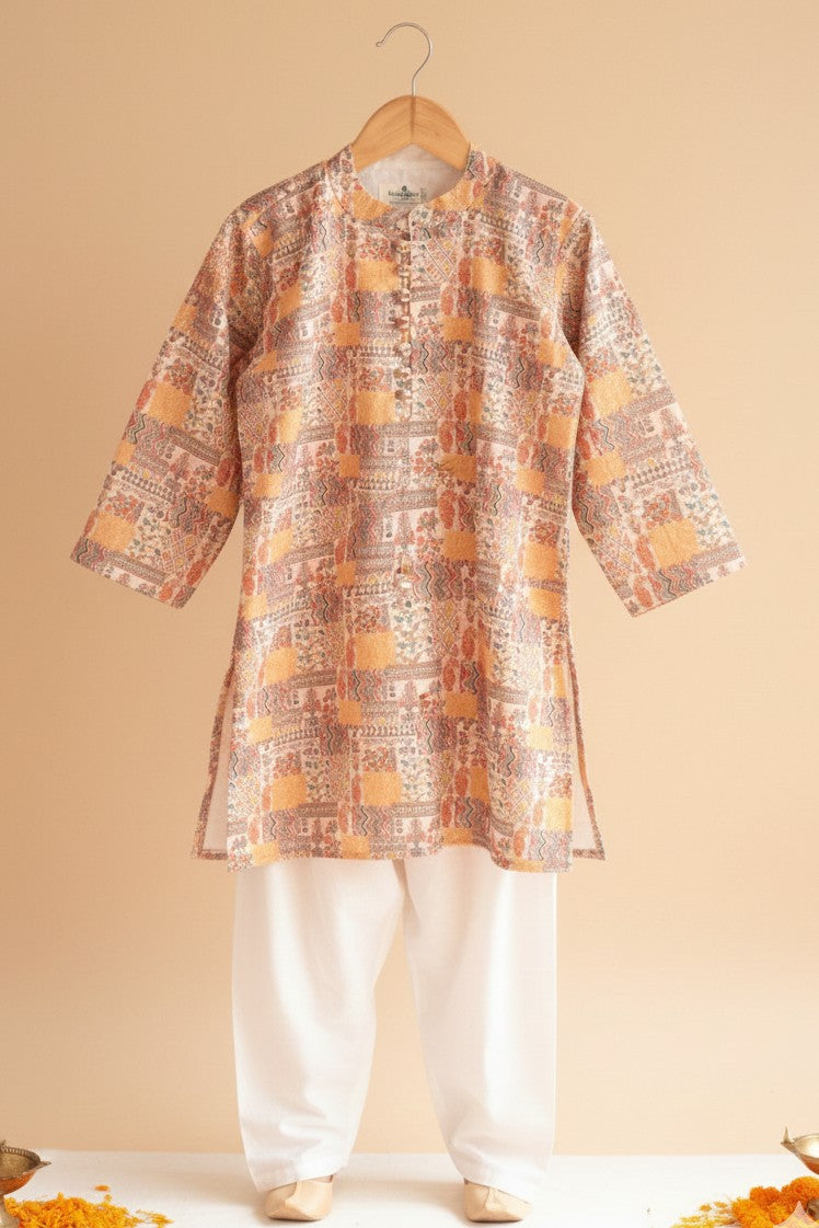 Boys Sangeet Printed Schiffli Kurta with Salwar ethnic clothing set - Yellow