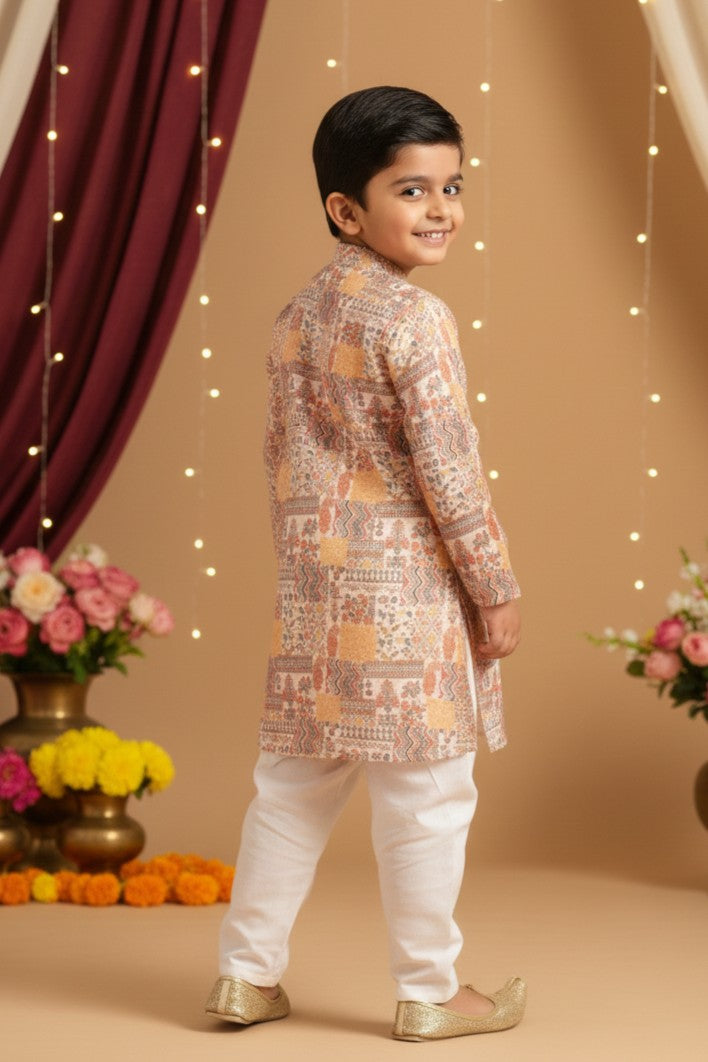 Boys Sangeet Printed Schiffli Kurta with Salwar ethnic clothing set - Yellow