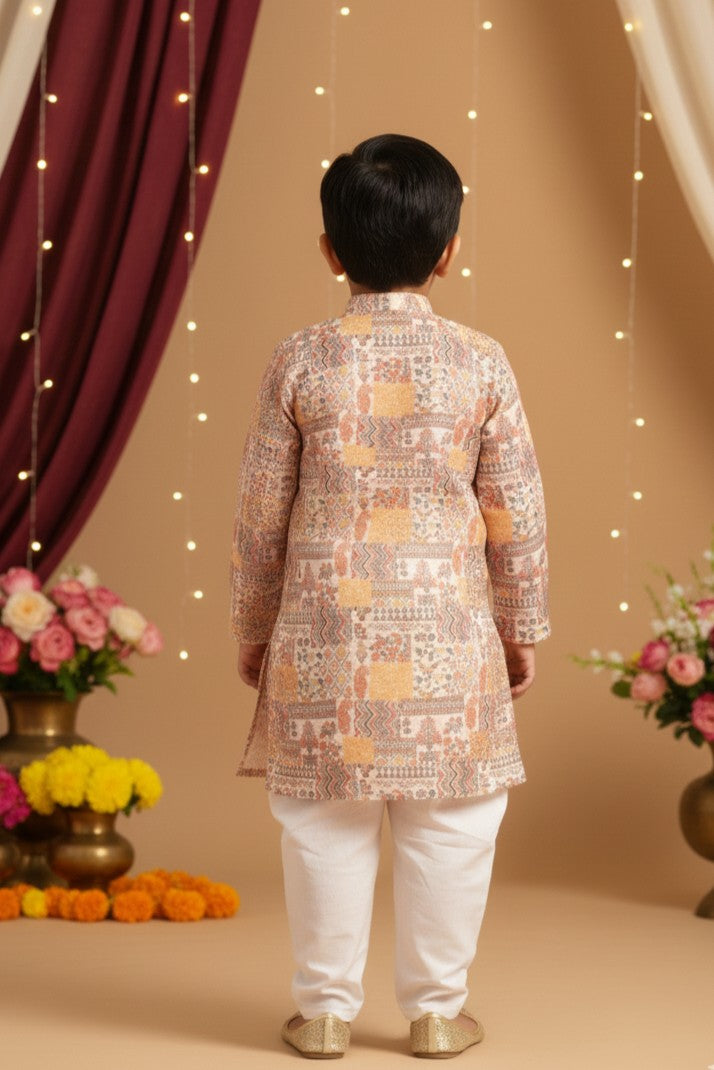 Boys Sangeet Printed Schiffli Kurta with Salwar ethnic clothing set - Yellow