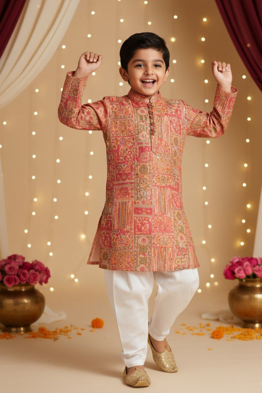 Boys Sangeet Printed Schiffli Kurta with Salwar ethnic clothing set - Onion Pink