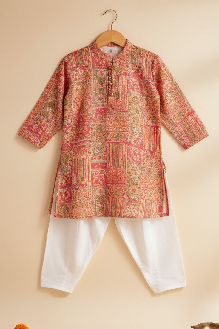 Boys Sangeet Printed Schiffli Kurta with Salwar ethnic clothing set - Onion Pink