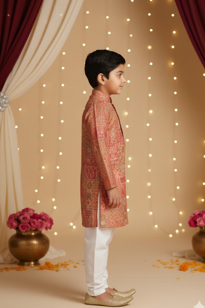 Boys Sangeet Printed Schiffli Kurta with Salwar ethnic clothing set - Onion Pink
