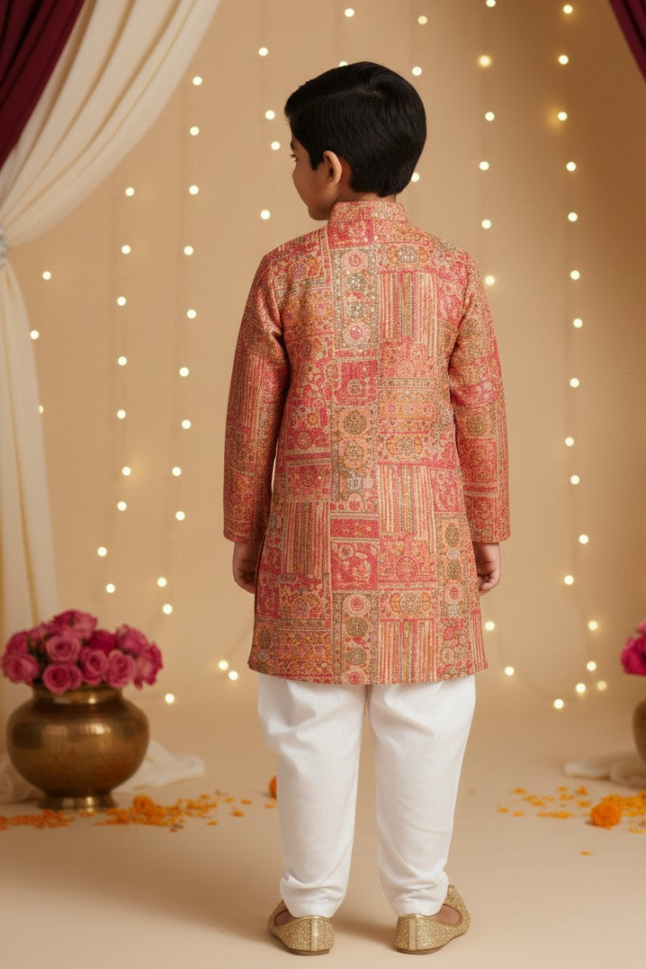 Boys Sangeet Printed Schiffli Kurta with Salwar ethnic clothing set - Onion Pink
