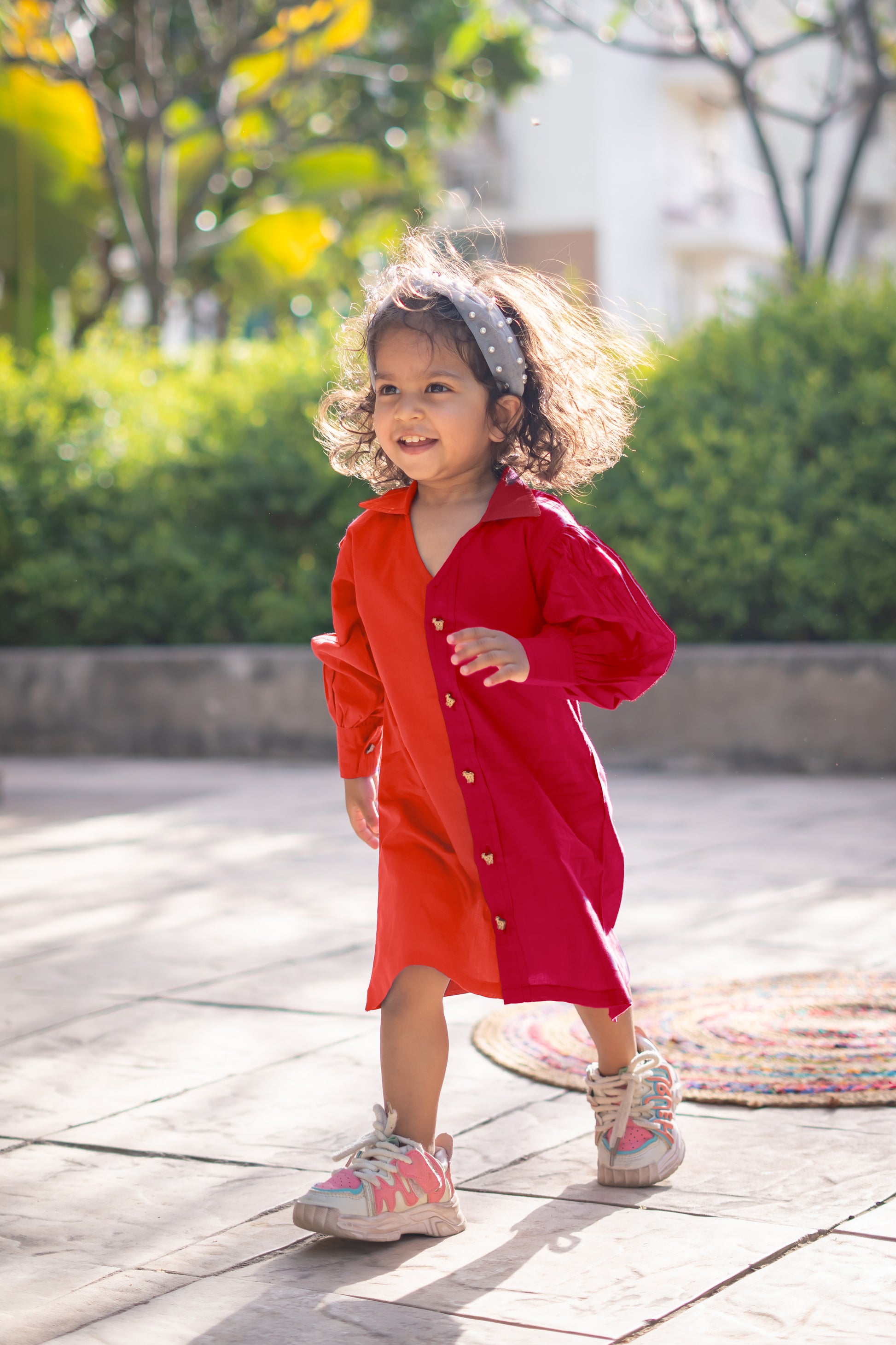 Girls Pure Cotton Color Block Dress with Collar - Red Orange - Peekaaboo Kids - Below 1000, Dress, Featured, Girls