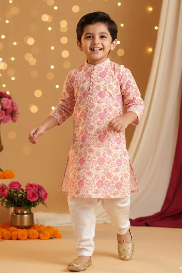 Boys Sangeet Printed Schiffli Kurta with Salwar ethnic clothing set - White Pink