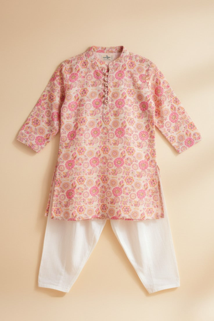 Boys Sangeet Printed Schiffli Kurta with Salwar ethnic clothing set - White Pink