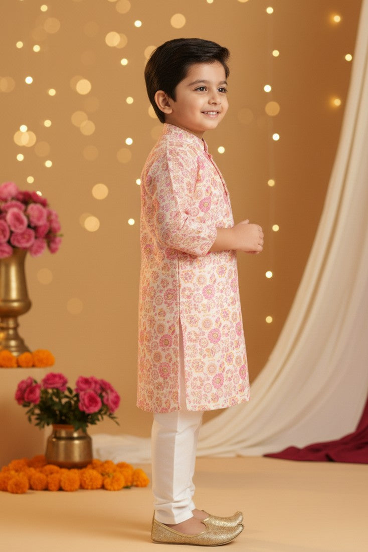 Boys Sangeet Printed Schiffli Kurta with Salwar ethnic clothing set - White Pink