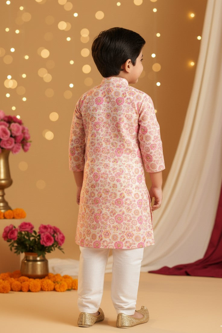Boys Sangeet Printed Schiffli Kurta with Salwar ethnic clothing set - White Pink