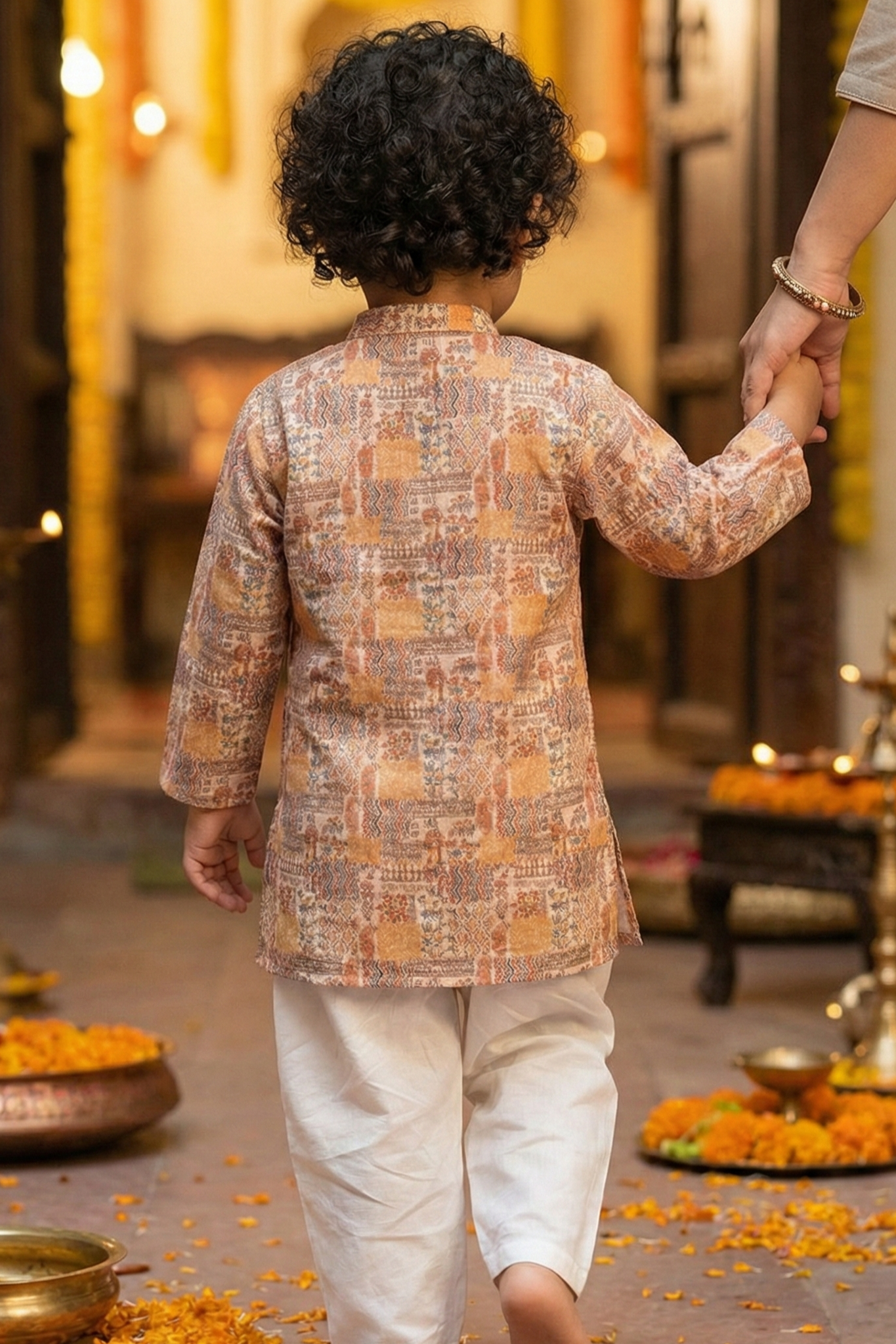 Boys Sangeet Printed Schiffli Kurta with Salwar ethnic clothing set - Yellow