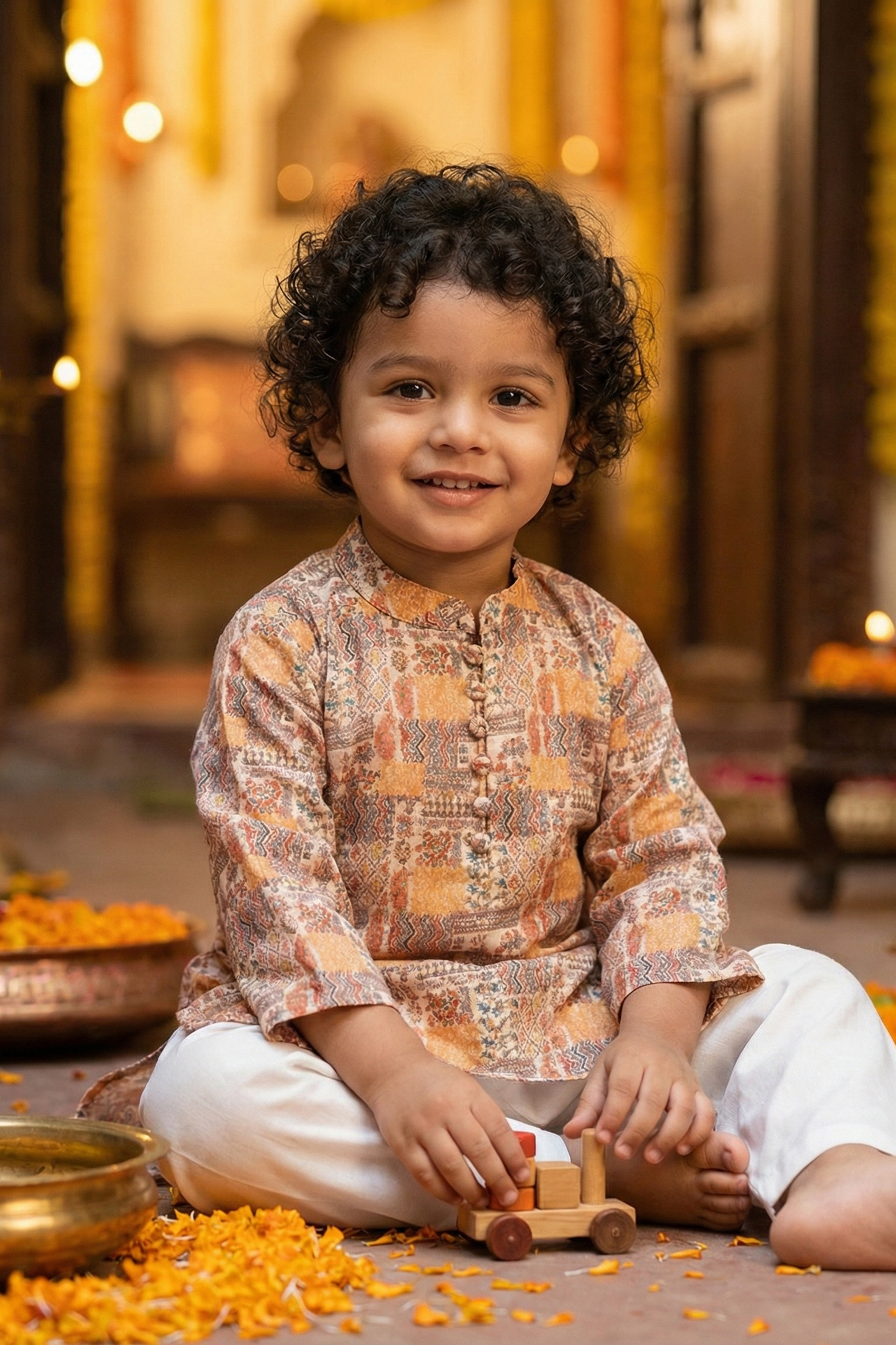 Boys Sangeet Printed Schiffli Kurta with Salwar ethnic clothing set - Yellow