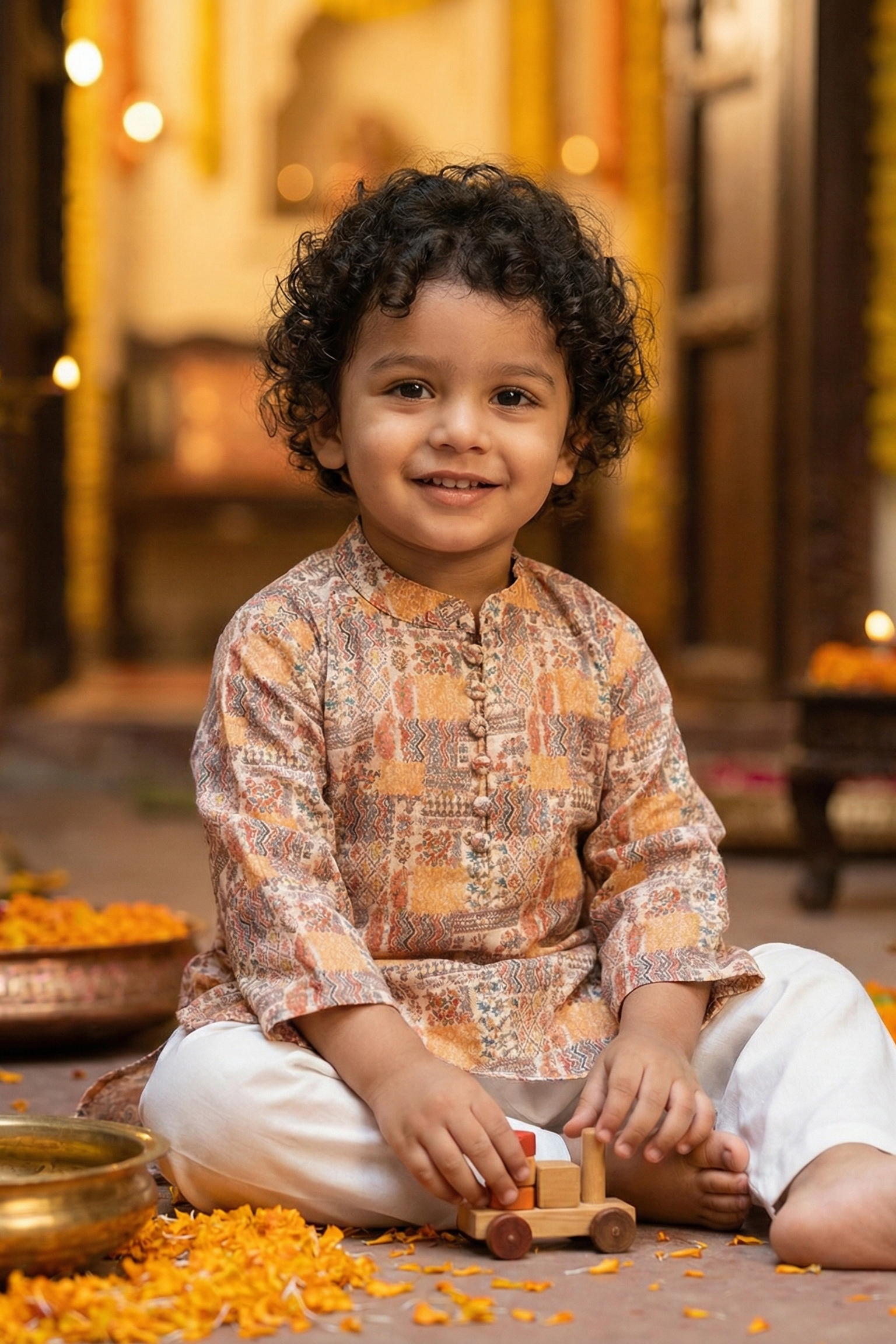 Boys Sangeet Printed Schiffli Kurta with Salwar ethnic clothing set - Yellow