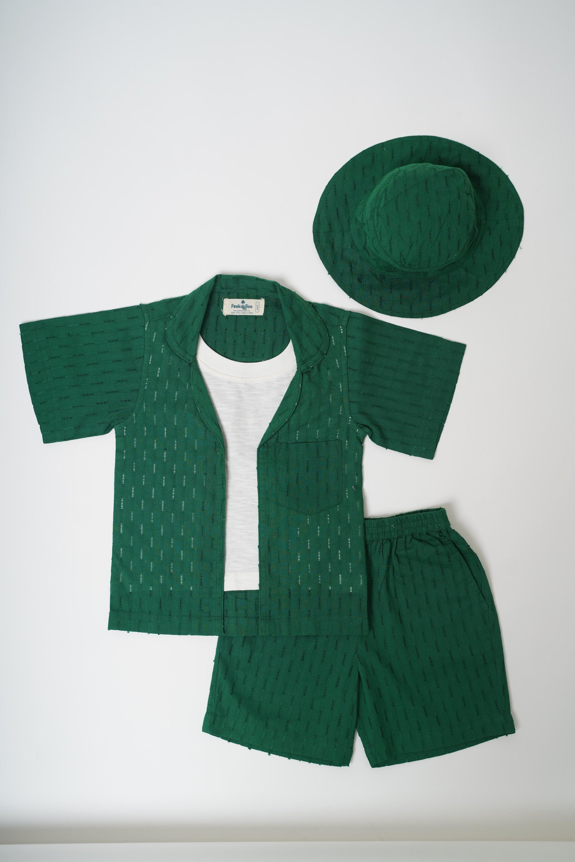 Boys Textured Cotton Green Resort Wear Set With Free beach hat - Peekaaboo Kids - Above 1000, Boys, Coord Set, Featured, Resort Wear