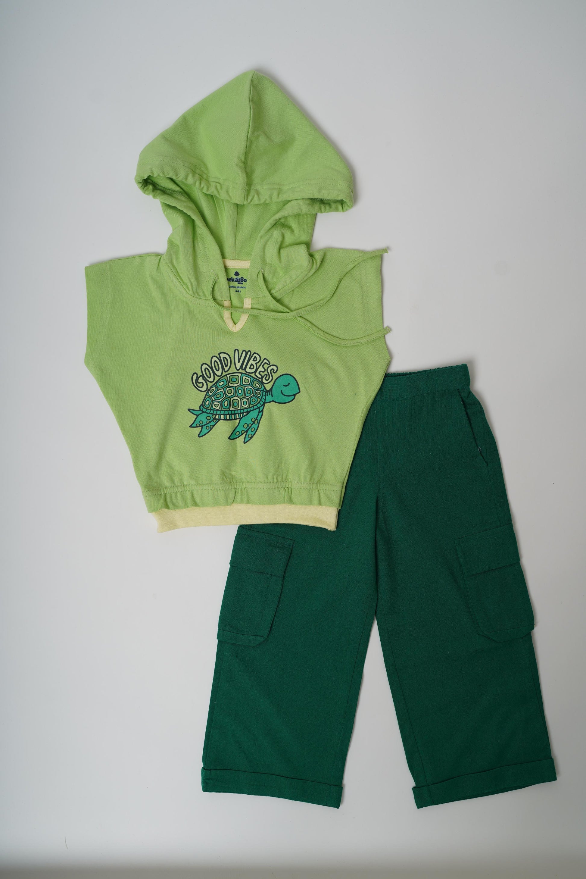 Girls 100% Cotton Knit hoodie with cargo pants set - Green - Peekaaboo Kids - Below 1000, Clothing Set, Featured, Girls, hoodie